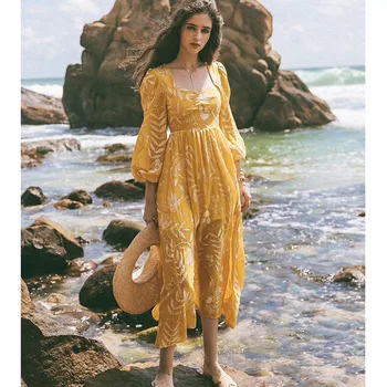 Originalaus Dizaino AIGYPTOS Pavasarį, Vasarą Moterys Derliaus Suknelės Elegantiškas Plonas Atsitiktinis Paplūdimio Atostogų Prabanga Siuvinėjimo Geltonos Suknelės