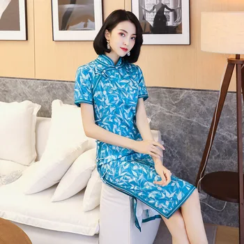 Paauglės Kinų Suknelė Mėlyna Cheongsam Kelio ilgis Qipao Kinijos Klasikinės Gluosnio Lapai Spausdinti Šilko Suknelės Qipao