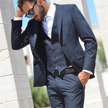 Pagal Užsakymą Pagaminti Mėlyna Vyrų Kostiumai, Vestuvių Terno Masculino Slim Fit Kostiumas Mariage Homme Geriausią Vyro Kostiumas (Švarkas+Ziajać+Liemenė+Kaklaraištis)