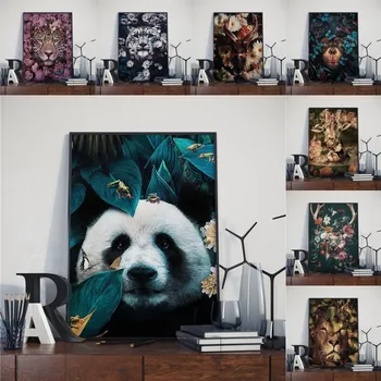 Panda Tige Liūtas Šiaurės Elnių Stiliaus Džiunglės Meno Dekoro Nuotraukos Kokybės Drobė, Tapyba Sienų Dekoras Plakatas Kambarį Namų Dekoro