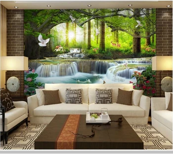 Papel de sumalti Žalia didelis medis, miško krioklys kraštovaizdžio 3d tapetai,svetainė, tv wall miegamojo sienos dokumentų namų dekoro freskos
