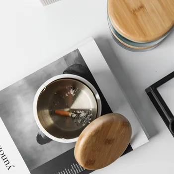 Paprastas Stilius Keramikos Cigarečių Peleninė Su Mediniu Dangčiu Nešiojamų Nordic Dizainas Porceliano Buities Restoranas