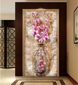 Pasirinktinius nuotraukų 3d tapetai, neaustiniai freskos nuotrauką Vaza drugelių orchidėja derliaus marmuro tekstūra, tapyba kambarį apdaila