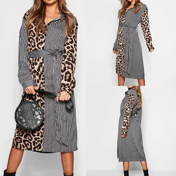 Pavasarį ir Rudenį Madingi Juostele Leopardas Spausdinti Aukštos Juosmens Long Sleeve Lace-up Suknelė Office Lady