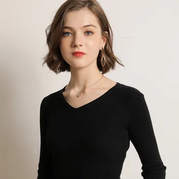 Pavasarį ir Rudenį Moterų V vientisos Spalvos Retinimo ilgomis Rankovėmis Megztiniai T-shirt 2020 pilka