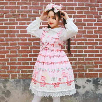 Pavasarį, Rudenį Karšto Naujus Produktus Kawaii Braškių Iškylą Triušis Japanese Lolita Mielas Saldus Lankas Nėrinių Suknelė Be Rankovių