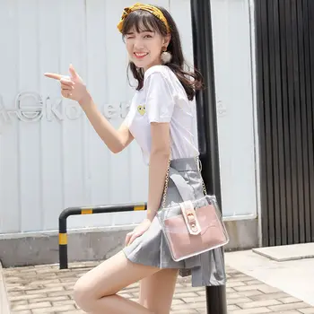 Permatomus Maišelius Moterų PVC Studentų Saldus korėjos stiliaus Chain-bag Cross-kūno Vieną petį Composite Maišas PU Stilingas Želė-bag Ins