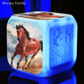 Pievų Black Horse Žadintuvas 7 Spalva Žėrintis LED Skaitmeninis Laikrodis Vaikams Gimtadienio Dovana Daugiafunkcį Liesti jutiklis Laikrodis