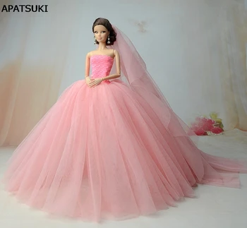 Pink Šalis Suknelės Aukštos Kokybės Ilgos Uodegos Vakare Gown Drabužius Barbie Lėlės Vestuvių Suknelė +Šydas, 1:6 Lėlės Priedai