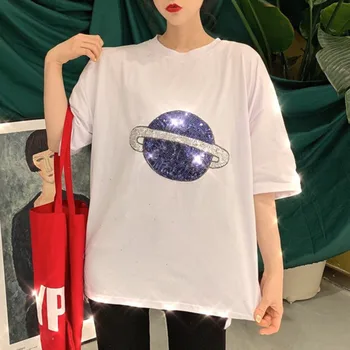 Planetos China Viršūnes Moterys Vasarą, O-Neck Tee Marškinėliai Medvilnės, Trumpomis Rankovėmis, Atsitiktinis Palaidų Blizga T-Shirt Moterų Mados Streetwear