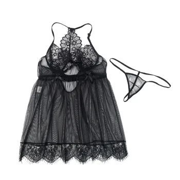 Plius Dydžio Seksualus apatinis Trikotažas Sleepwear Nėriniai Moterų G-string Suknelė Apatiniai, naktiniai drabužiai Juoda