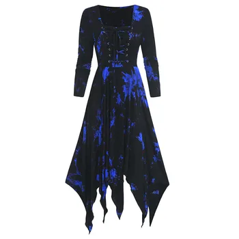 Ponios tie dažai gotikos suknelė, mados stilius didelio dydžio tie dažai spausdinti ilgomis rankovėmis nėrinių Handkerchi gotikos suknelė платье 40*