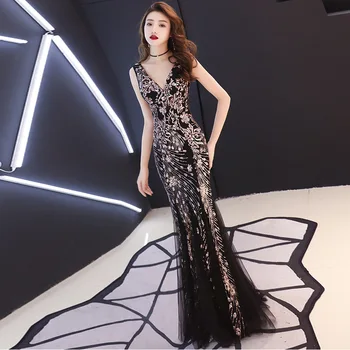 Ponios vakarinę Suknelę Naujo Pokylių Kilnų Temperamentą Elegantiškas Priimančiosios Ilgai Giliai V-kaklo Slidinėti China Suknelė