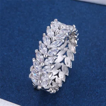 Prabanga Moterų Baltos Spalvos Lapų Crystal Žiedą, Žada Aukso Sidabro Spalvos Vestuvinis Žiedas Derliaus Nuotaka Cirkonis Vestuvių Žiedai Moterims