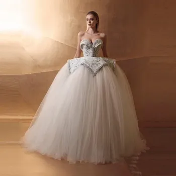 Prabanga Reljefiniai Tiulio 2019 Perlų Vestuvių Suknelės, Brangioji Dubajus Vestuvių Suknelės Nuo Peties Nėrinių Arabų Vestido De Noiva Nuotakos Suknelė
