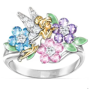 Prabangus Didelis Gėlių Angelas Žiedas Spalvinga Cirkonis Žiedai Moterims Žavesio Cirkonis Kristalų Gėlių Angelas Žiedas Weding Vestuvinis Žiedas