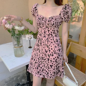 Prancūzijos hablo-burbulas rankovės šaliai atnešė leopardas spausdinti šifono suknelė moterų temperamentas rodo, plonas juosmens Hepburn sijonas naujas s