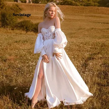 Princesė Satino Vestuvių Suknelės, Nuimamas Ilgas Reljefiniai Rankovėmis Beach Nėrinių Vestuvinės Suknelės Boho Nuotakos Suknelė su Plyšio Plius Dydis 2021