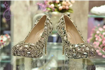 Puikus spalvingas kalnų krištolas Vestuvių batai Ponios Big Diamond šalis suknelė bateliai Prabangaus Satino Viršutinės Stiletto Kulno Moterų batai