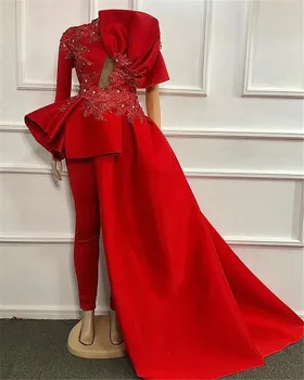 Raudona Naujas Mados Vakaro drabužiai Bodysuit Vestuvinės Suknelės Aksomo, Satino Appliqued Nėriniai