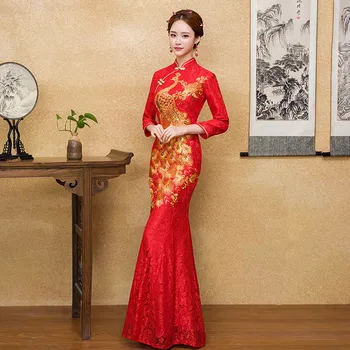 Raudona Nuotakos Šalis Suknelė Rytų Moterys Elegantiškas Plonas Nėrinių Cheongsam Kinų Stiliaus Vestuvių Ilgai Qipao Prabangus Apdaras Vestido XS-XXL