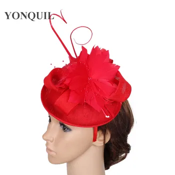 Raudona Plunksna Fascinator Imitacija Sinamay Fascinators Vestuvių Plaukų Aksesuarai Šalies Skrybėlės, Nuotakos Headpieces Aukštos Kokybės 16Colors