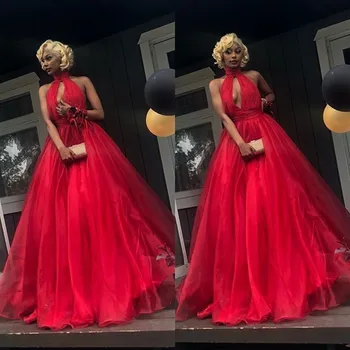 Raudona Prom Dress-line Aukštos Kaklo Backless Šalis, Chalatai Ilgai Organza Oficialią Dėvėti Vestido Gala