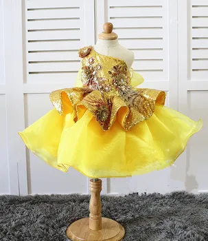 Realios Nuotraukos Mergaičių Suknelės Geltonos spalvos Tiulio Aukso Blizgučiais Kelio Ilgis Princess Gimtadienio Suknelė su Laivapriekio