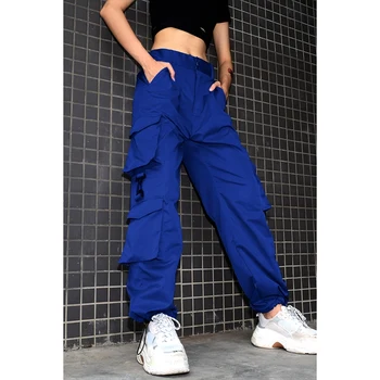Retro Aukšto Juosmens Didelis Kišenėje darbo drabužiai Laisvi Krovinių Kelnės Moterų Hip-Hop ' High Street Kelnės