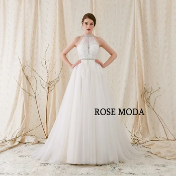 Rose Moda Paprastas Tiulio Boho Vestuvių Suknelė iki 2018 m. Paplūdimys Vestuvių Suknelės su Nėriniais Mygtukus Atgal Kristalų Varčios