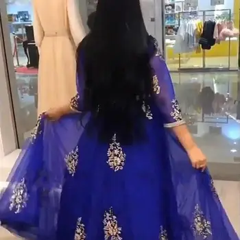 Royal Blue Maroko Kaftan Prom Dresses 2021 Pusė Rankovių Appliques Aukso Nėrinių Dubajus Arabų Musulmonų Ypatinga Proga-Suknelė Oficialus