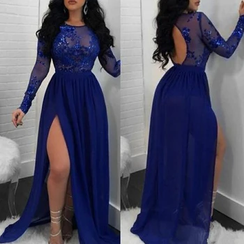 Royal Blue Vakaro Suknelės 2019 Šifono Nėrinių Appliques Duobute Pusėje Ritininės Pigūs Prom Dresses
