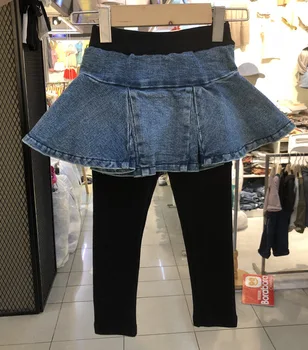 Rudens pradžioje korėjos vaikų drabužiai naujų mergaičių mados džinsinio audinio sijonas, kelnės netikrą dviejų dalių visas rungtynes, dugno sijonas kelnės