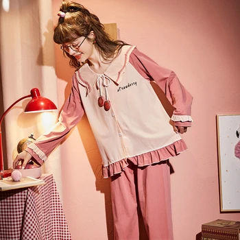 Rudenį ir žiemą ponios pižama saldus nėriniai-up bowknot braškių, medvilnės ilgomis rankovėmis atsitiktinis, patogus minkštas Homewear JJF0205