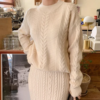 Rudenį mezgimo viršūnes, megztinis, sijonas, Dviejų dalių Vintage stiliaus ilgomis rankovėmis Megztinis megztinis ir Sijonas Rudenį moterų kostiumas