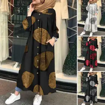 Rudenį Musulmonų Spausdinti Maxi Suknelė Moterims Abaja Islamo Drabužių Atsitiktinis Ilgomis Rankovėmis Marškinėliai Vestidos Moterų Mygtuką Drabužius, Plius Dydis
