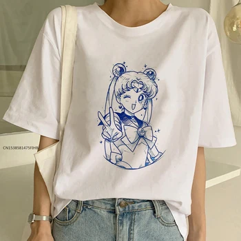 Sailor Moon Vasarą Naujas Mados Marškinėliai Moterims Harajuku Įdomus T-Shirt Cute Kačių Marškinėlius Animacinių filmų Top Tees Moterų MEDVILNĖS Lady Tee Marškinėliai