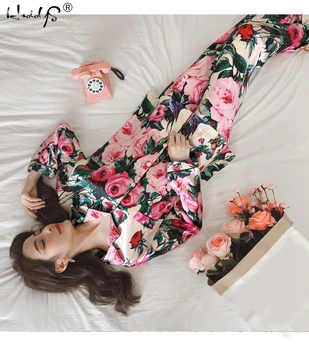 Seksuali Miego Lounge Pižama Rinkiniai Moterims Mados Pavasario Spausdinti Modelio Pajama Nustatyti Sleepwear ilgomis Rankovėmis Kelnės Du Popieriaus Kostiumas