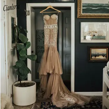 Seksualus Šampano Nėrinių Paplūdimys Vestuvių Suknelė 2020 M. Derliaus Bohemijos Vestido De Noiva Backless Stebėjimo Undinė Vestuvių Suknelės