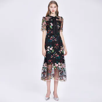 Senovinių Gėlių Siuvinėjimas Bohemijos Suknelė trumpomis Rankovėmis O-kaklo Ilgai Midi Atostogų Suknelės 2020 Naujas Vasaros