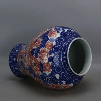 Senovinių Kinų mėlynos ir baltos Underglaze Raudonos Keramikos Didelės Imbiero Jar raudona ir phoenix dėvėti visų gėlių Modelio Porceliano Vaza