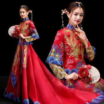Senovės santuokos kostiumas nuotakos drabužiai suknelė raudona tradicinės Kinų vestuvių suknelė moterų cheongsam siuvinėjimo phoenix Qipao