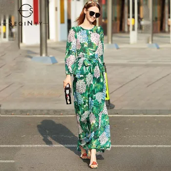 SEQINYY Printed Dress Hydrangea Gėlės Elegent 2018 M. Rudens Pradžioje, Nauja, Moterų Ilgas Rankovėmis-line Žalia Šifono Suknelė