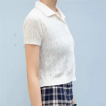 Sexy marškinėliai moterims trumpomis rankovėmis marškinėliai derliaus megzti marškinėliai korėjos pasukite žemyn apykaklės marškinėliai tuščiaviduriai iš apkarpytos marškinėliai balti