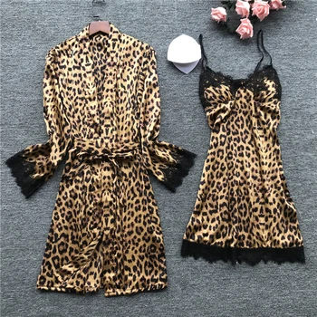 Sexy Nėrinių Leopard Satino Pižama Rinkiniai Moterims Sleepwear Spageti Dirželis Šilko Namų Drabužiai Pijama Miego Lounge Pyjama Naktiniai Drabužiai