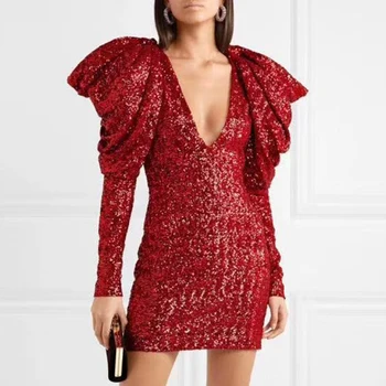 Sexy Raudona Blizgučiais Suknelė Moterims 2019 Giliai V-kaklo, Blizgančiais Mini Bodycon Suknelės Rudens Žiemos Ilgos Rankovės Įžymybė Šalis Suknelė