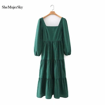 SheMujerSky Moterų Vintage Žalia Skara Maxi Suknelė 2021 Ilgomis Rankovėmis Aikštėje Apykaklės Pusėje Padalinta Ilgos Suknelės Backless Suknelė
