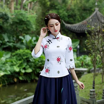 SHENG KOKOSŲ Medvilnės Slub Kinijos Marškinėliai Aukštos Kokybės Bambuko Medvilnės Cheongsam Viršūnes Tobulinimo Hanfu Rytų Moterų Marškinėliai Smėlio spalvos XL