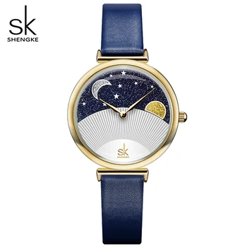 Shengke 2021 Naujas Laikrodis Moterims Kvarco Žiūrėti Ponios Mados Mėlyna Oda Watchband Aukštos Kokybės Atsitiktinis Vandeniui Laikrodžius