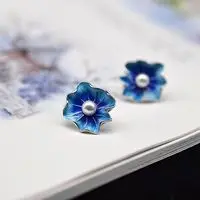 Sidabro inkrustacijos gamtos Pietų Jūros perlas sudegė mėlyna cloisonne lotus lapų auskarai Kinijos elegantiškas retro žavesio moterų prekės papuošalai